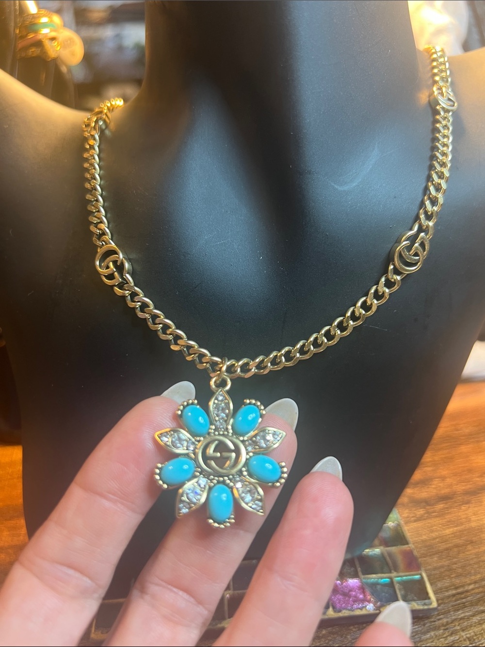 Gold-Tone Floral Pendant Necklace with Turquoise Accents